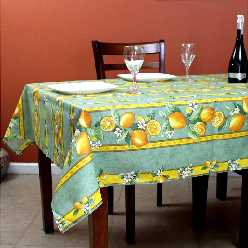 Wipeable Spill Resistant Provencal Cotton Cannes Collection Tablecloth - 60 x 78 in - Green Citron Stripes