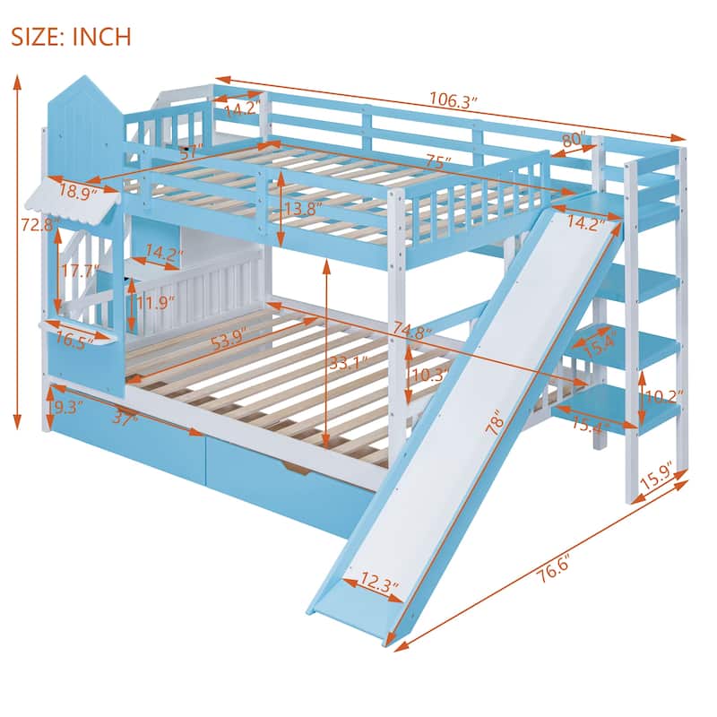 Full Over Full Pine Castle Bunk Bed with Slide, Drawers, Shelves, and Staircase
