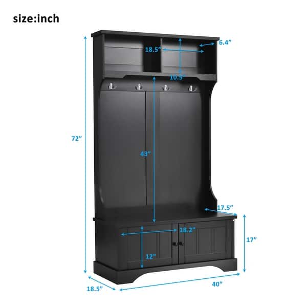 Black Entryway Storage Bench with Shelves and 4 Hooks Bed