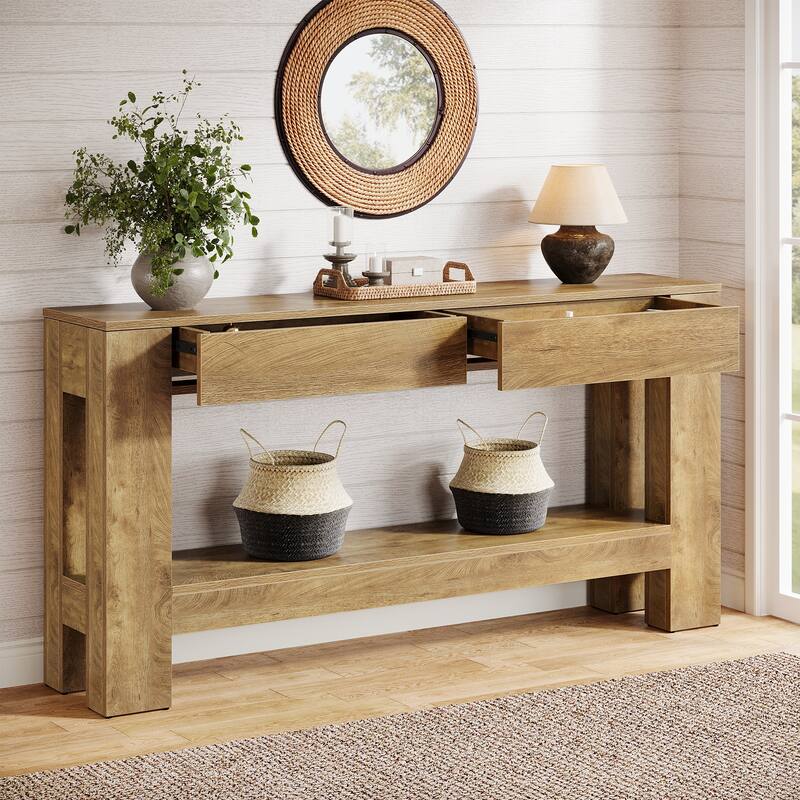 2-Tier Wooden Console Table with 2 Drawers for Entrance - / - Brown
