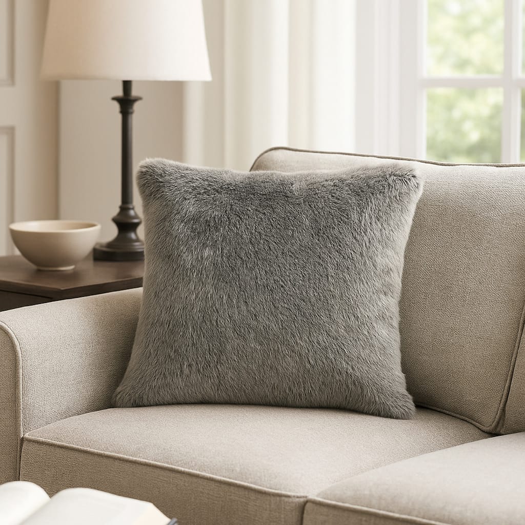 Dift Square Accent Throw Pillow, 20 Inch, Dark Gray Faux Rabbit Fur