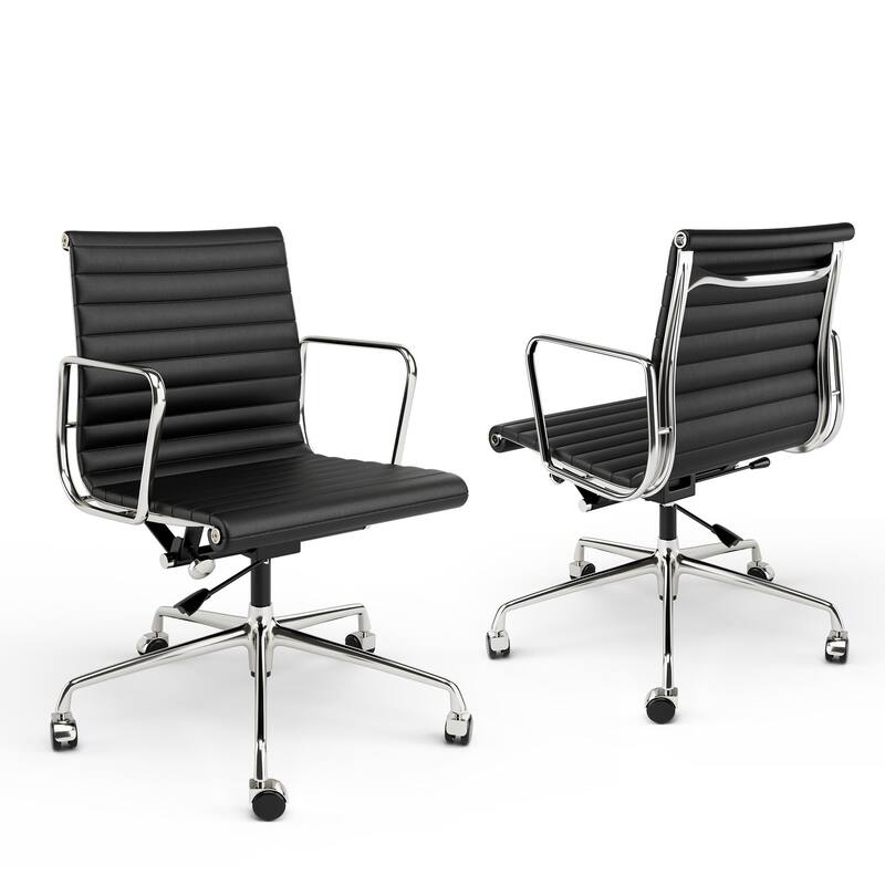 Genuine Leather Office Chair with Chrome Frame Adjustable Swivel Chair - Black Low Back 