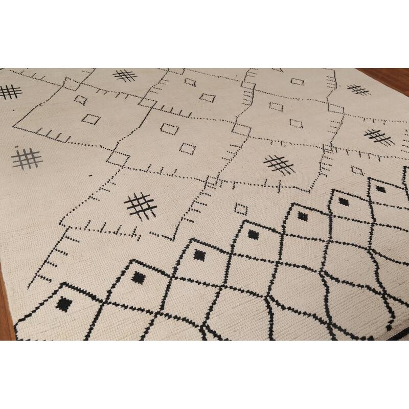 Moroccan Oriental Area Rug Hand-Knotted Beige Geometric Wool Carpet - 8'10"x 12'5"