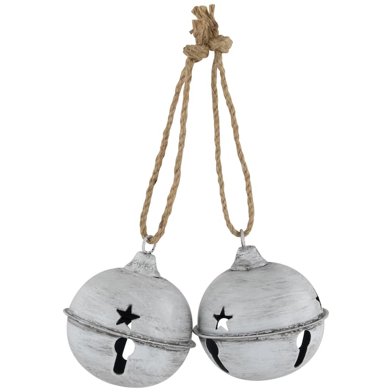 Antiqued Christmas Jingle Bell Ornaments - 3" - White - Set of 2 - 7"
