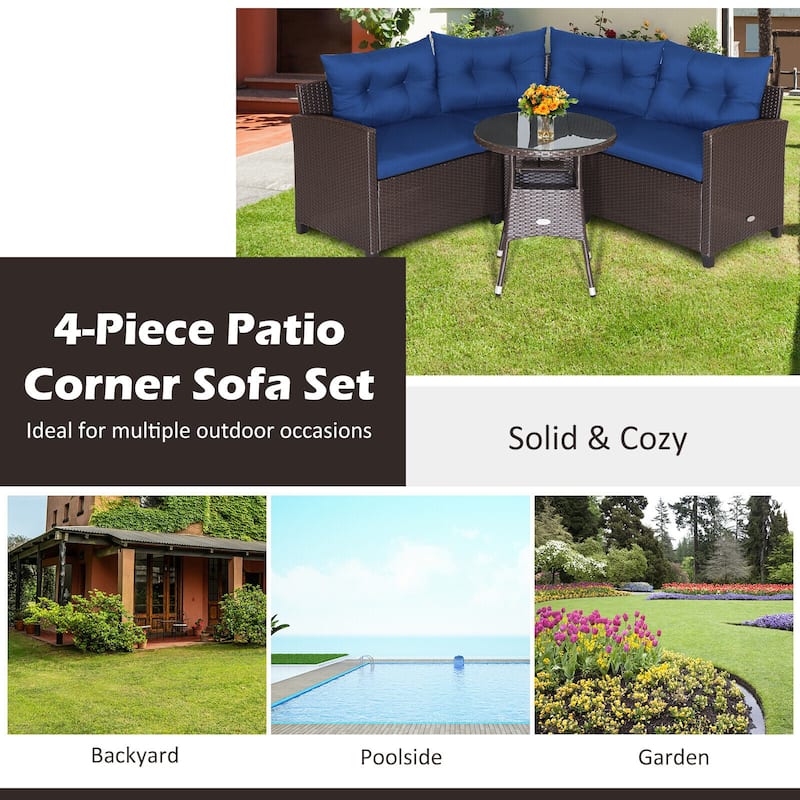 4 Pieces Patio Rattan Furniture Set Cushioned Sofa Glass Table - 49.5" x 23" x 29"