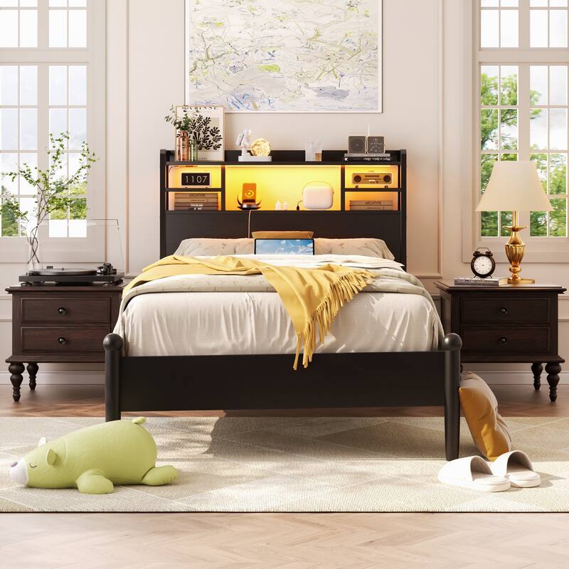 Storage Headboard with USB Port and Power Outlet, Head Board with LED Light for Bed Frame
