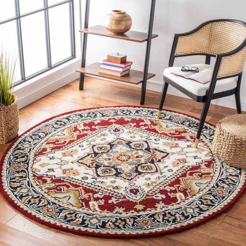 SAFAVIEH Handmade Heritage Asia Traditional Oriental Wool Rug - 6' Round - Ivory/Red