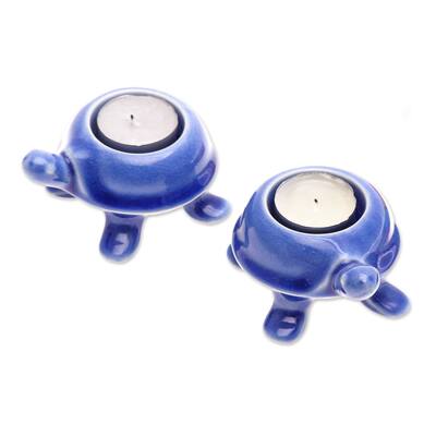 Novica Handmade Blue Guide Ceramic Tealight Candleholders (Pair)