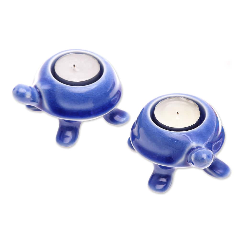 Novica Handmade Blue Guide Ceramic Tealight Candleholders (Pair)