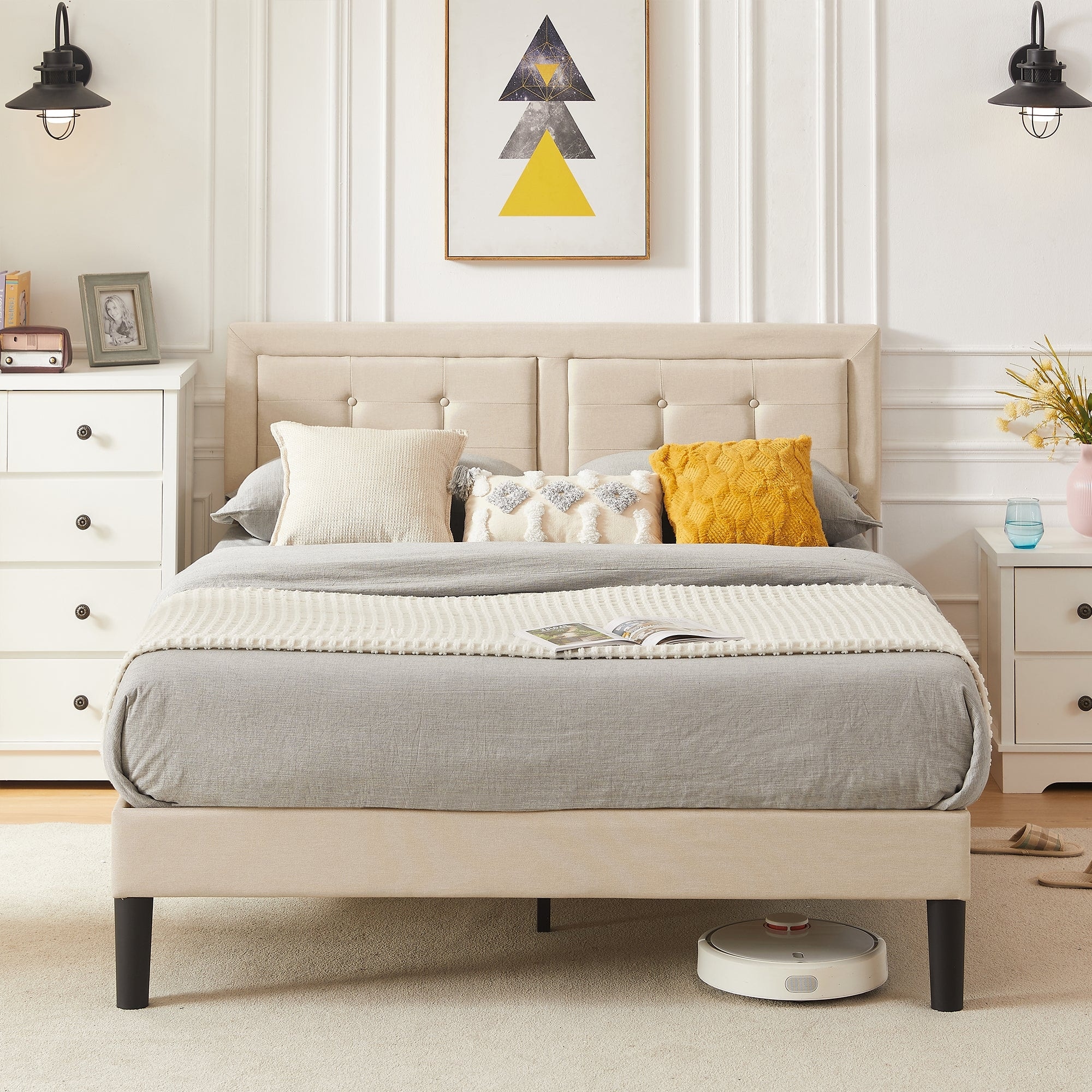 Javlergo Modern Upholstered Platform Bed Frame with Height Adjustable Tufted Headboard