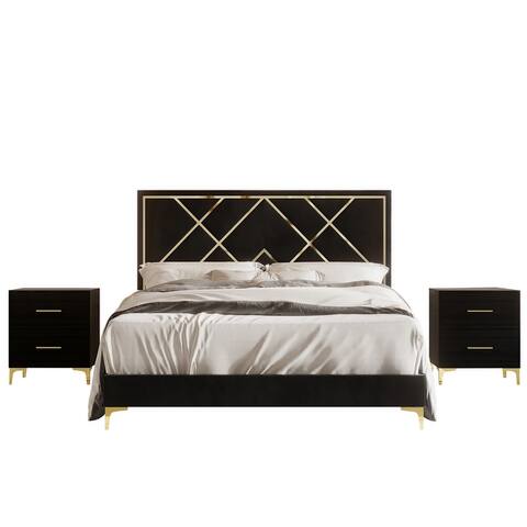 CraftPorch 3 Piece Bedroom Nightstands Set Velvet Upholstered Bed
