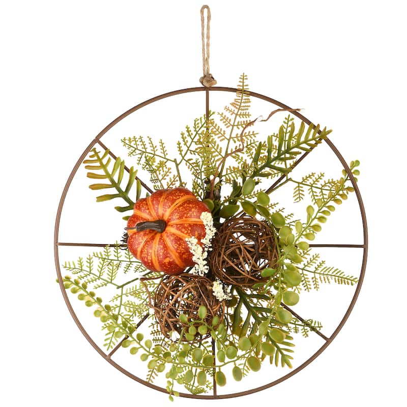National Tree Company Harvest Flower Circle Hanging Decoration with Fern Fronds, Leaves, Pumpkins, Twig Cones, 13 in. - 13 in