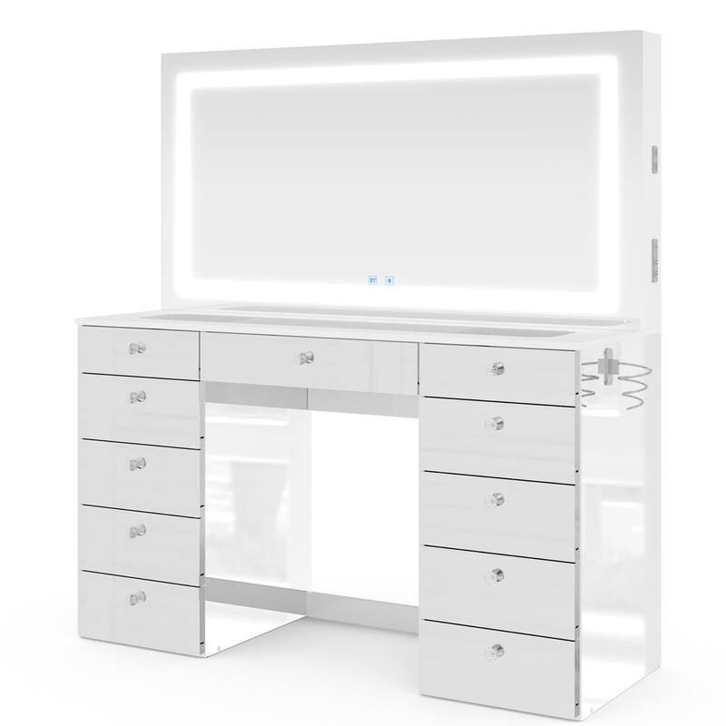 Extra-Large Vanity Desk with LED Mirror, Bluetooth Speakers, 11 Drawers and USB Ports