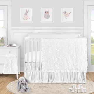 White Floral Vintage Lace Girl 4pc Nursery Crib Bedding Set - Solid Velvet Luxurious Elegant Princess Boho Shabby Chic Luxury