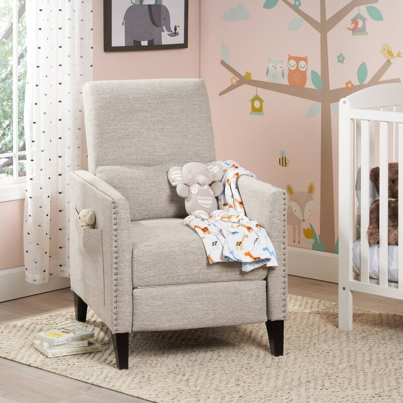 Light Grey Modern Fabric Push-Back Recliner with Footrest, Nailhead Accents, Birch Wood Legs