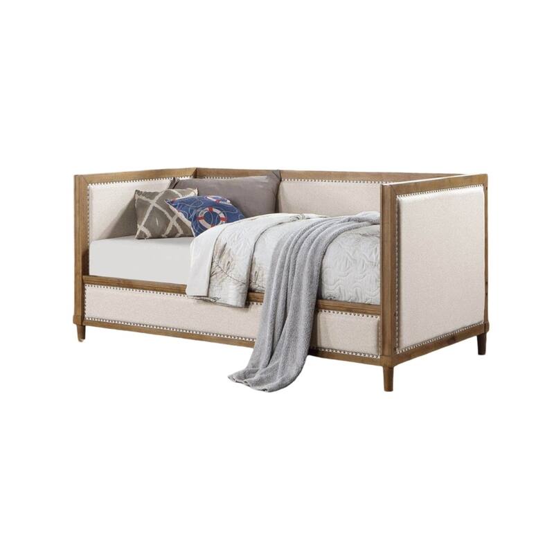 Beige Fabric Upholstered 1pc Day Bed Light Oak Bed Frame Nailhead Trim Bedroom Furniture Mattress Ready Twin Day Bed