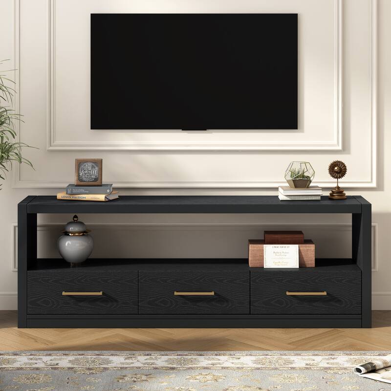74" Wood TV Stand Wide Top Media Console Table w/ 3 Drawers, Metal Handles, Classic Entertainment Center for Living Room - Black