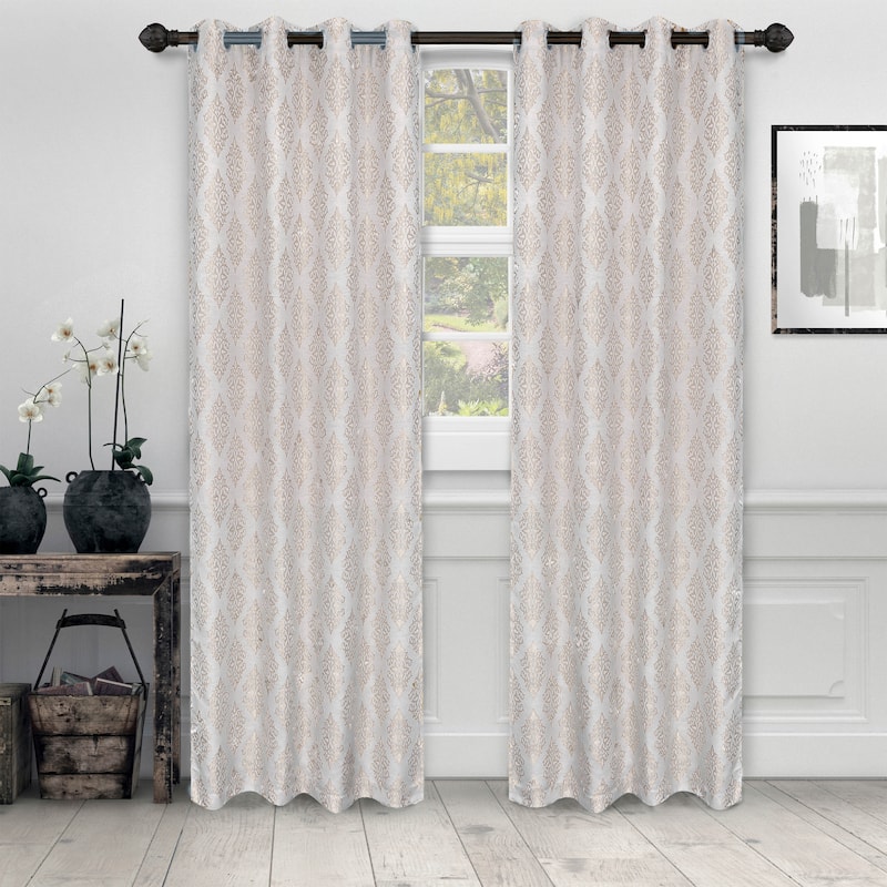 Superior Venetian Damask Jacquard Embroidered Washable Curtains, Set of 2