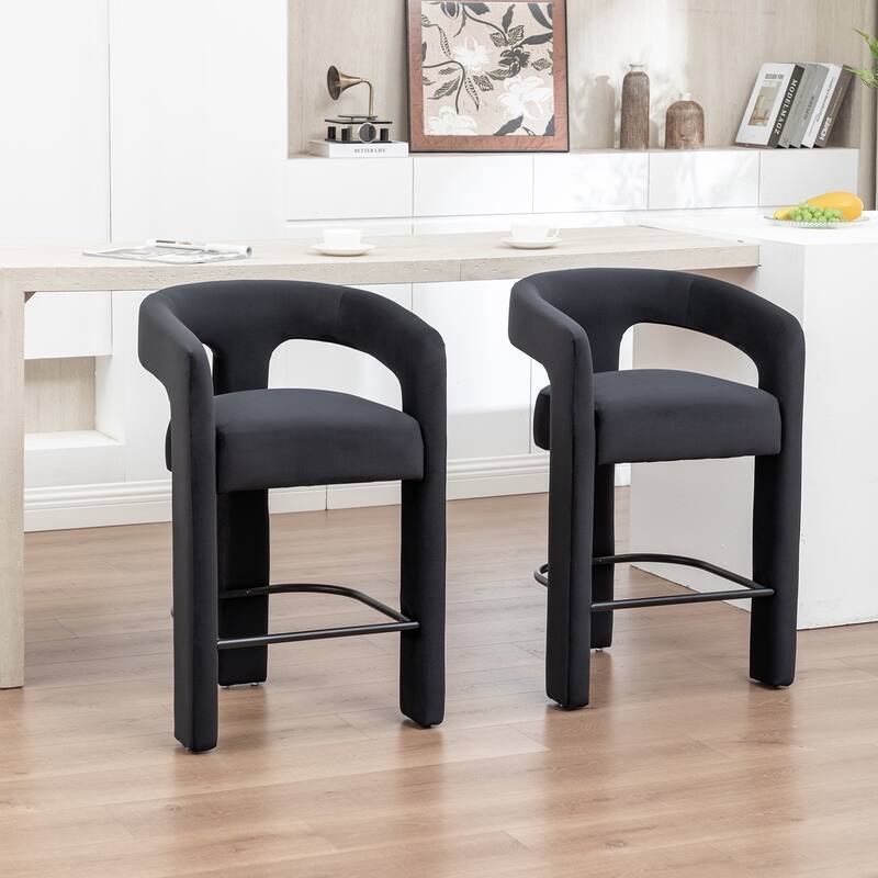 SEYNAR Modern Velvet 34.6''H Fixed Height Open-Back Bar Stool with Metal Footrest Set of 2 - Black