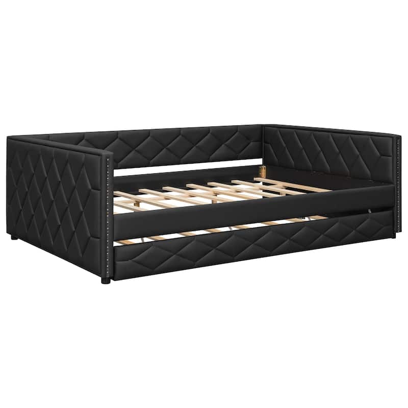 Full XL Size Upholstered Daybed with Trundle Bed and LED Armrests, Rhombic Blocks Frame Sofa Bed, U-shape Bed Frame