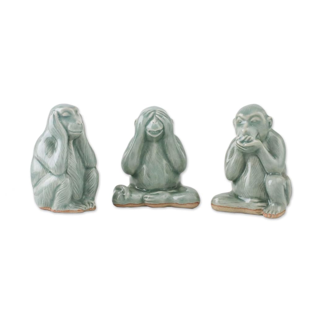 Novica Handmade Offering Wisdom Celadon Ceramic Figurines (Set Of 3)
