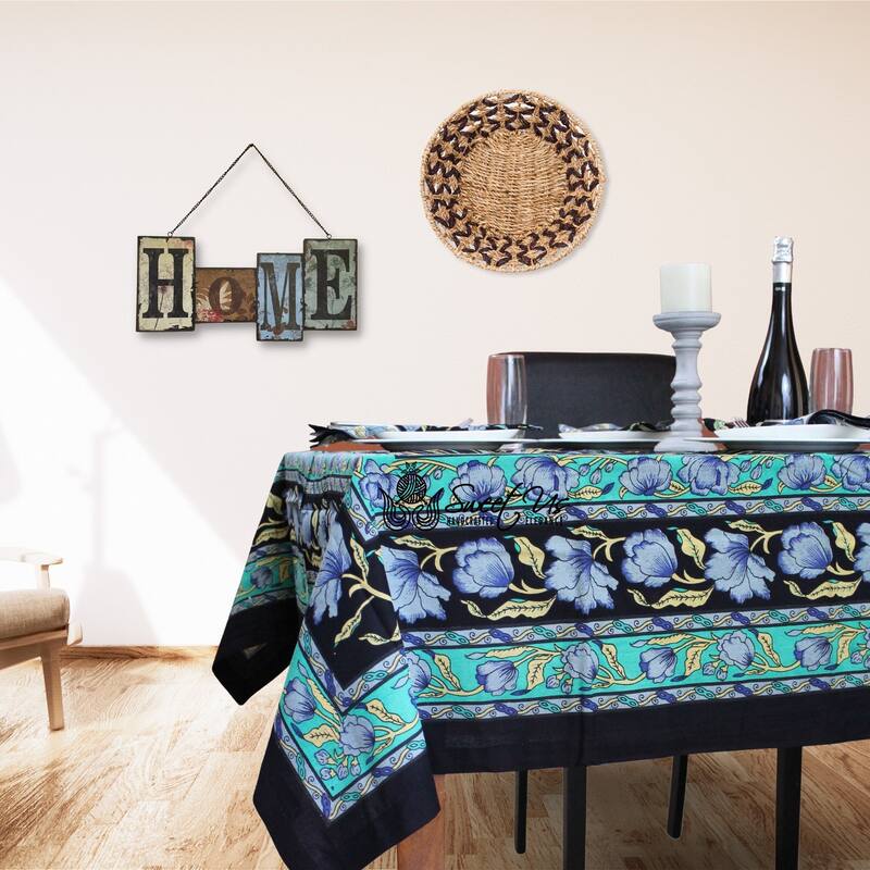 Affluent French Country Floral Cotton Tablecloth Square, Rectangle - 60 x 90 in - Blue Green