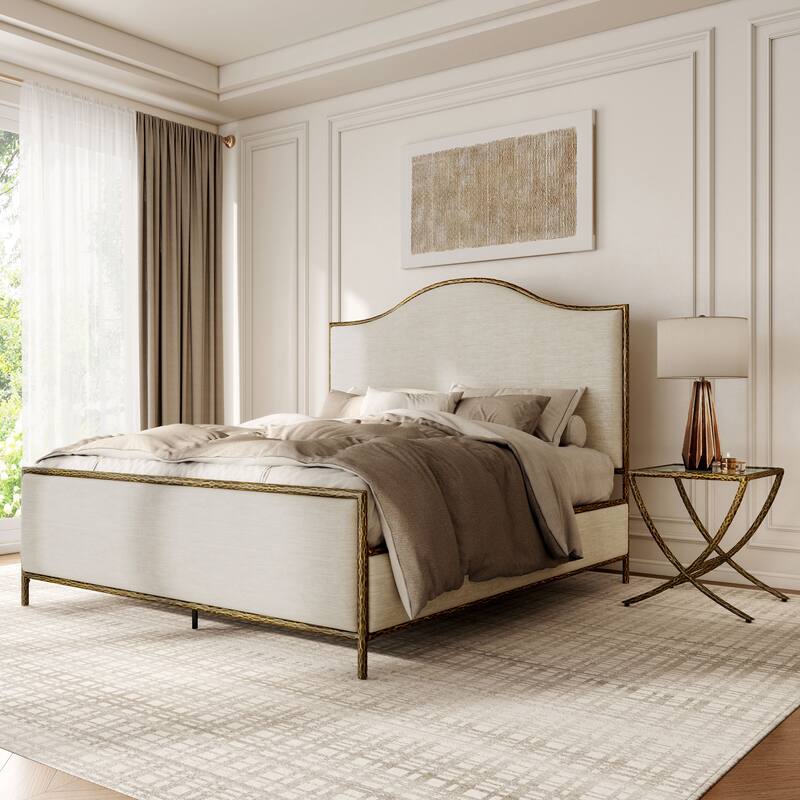 247 Shop At Home Lalia Modern 2-Piece Upholstered Hammered Metal Camelback Bedroom Set with Nightstand - Matte Gold - King