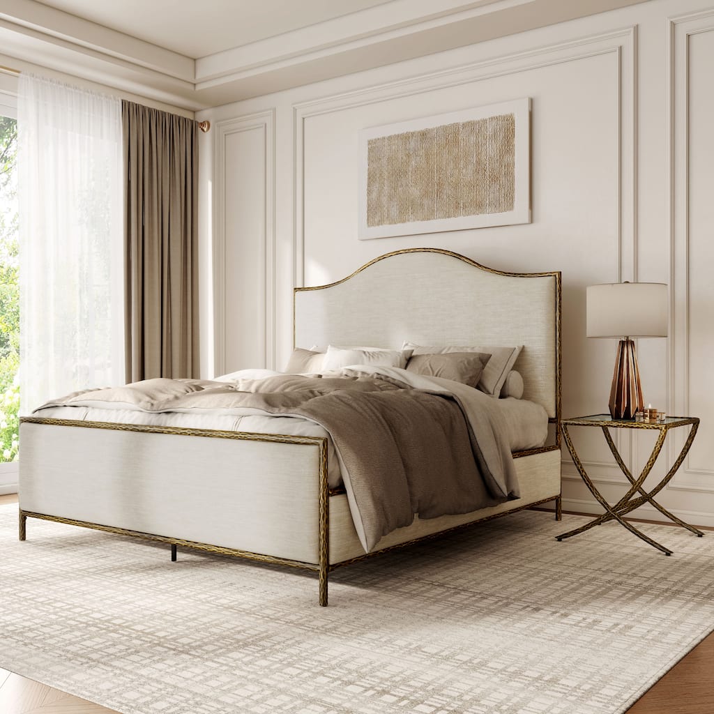 247 Shop At Home Lalia Modern 2-Piece Upholstered Hammered Metal Camelback Bedroom Set with Nightstand