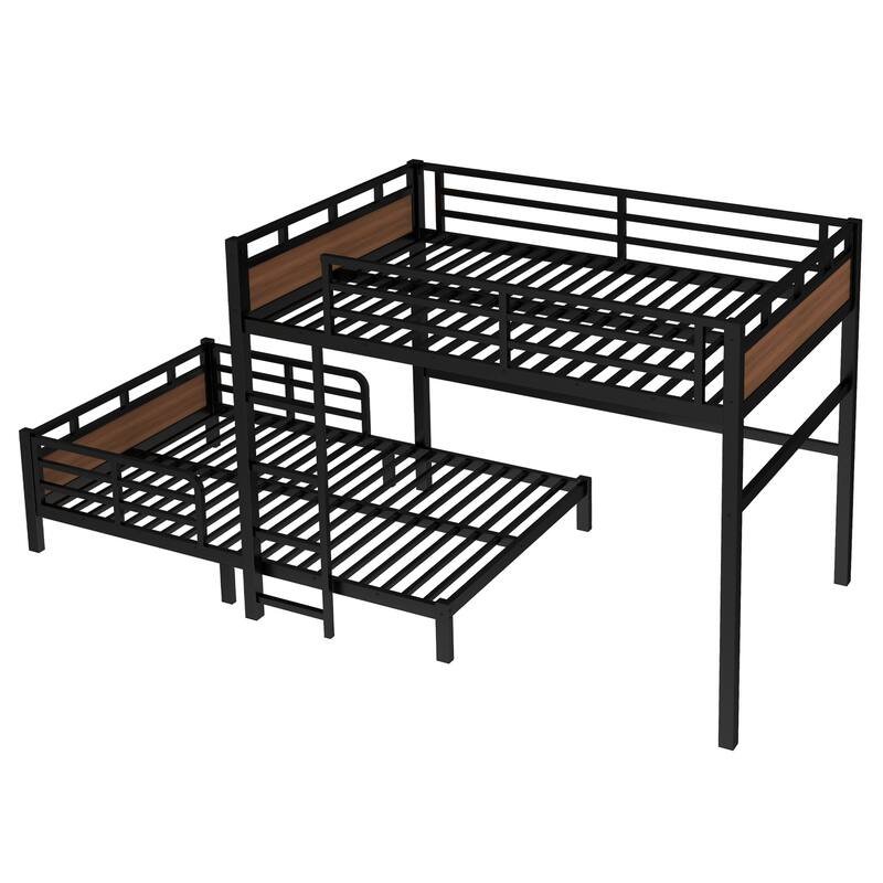 Roomfitters Twin/Full/Queen Metal Bunk Bed & Loft Bed with Raised Safety Fence, Convertible Platform Design, Vintage Wood