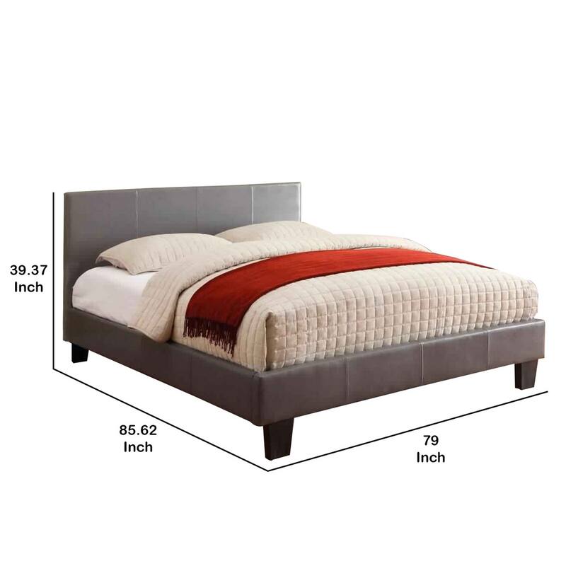 Leatherette Platform Style Eastern King Bed with Tapered Block Feet, Gray