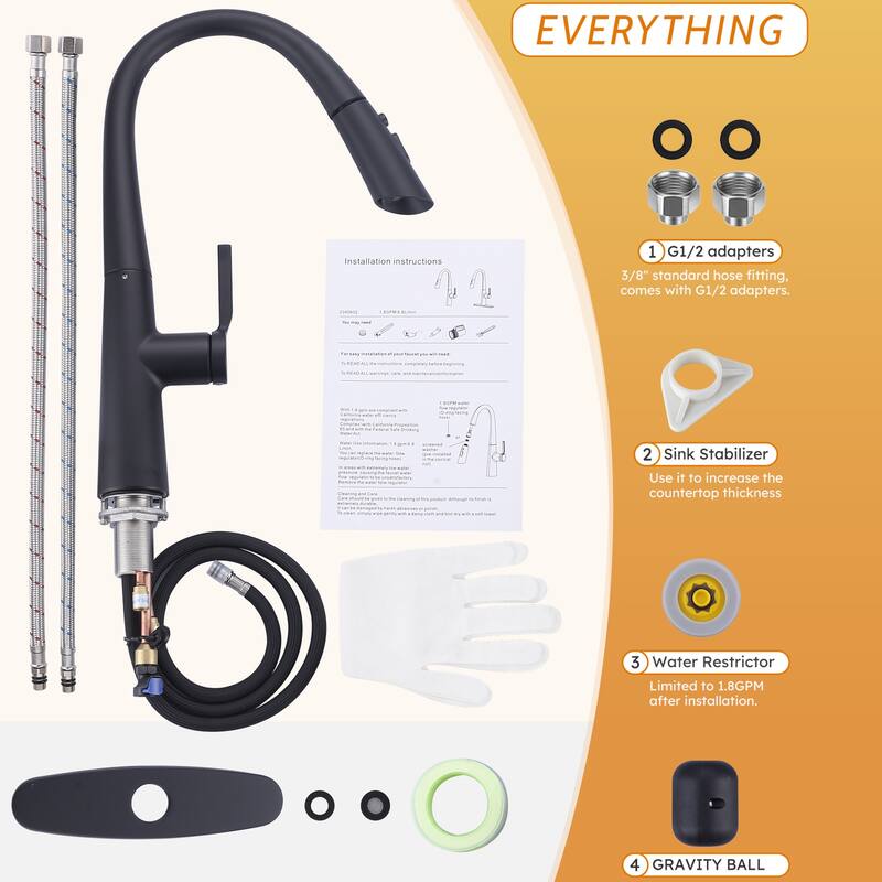 WOWOW 17.7 in. Single Handle Pull Down Sprayer Kitchen Faucet