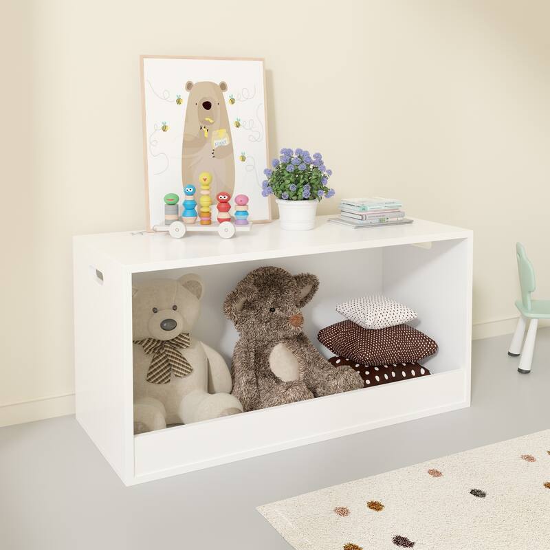 Open Toy Storage Box for Kids, White Wooden Organizer Bin for Plush Toys, Books, Nursery or Playroom Use