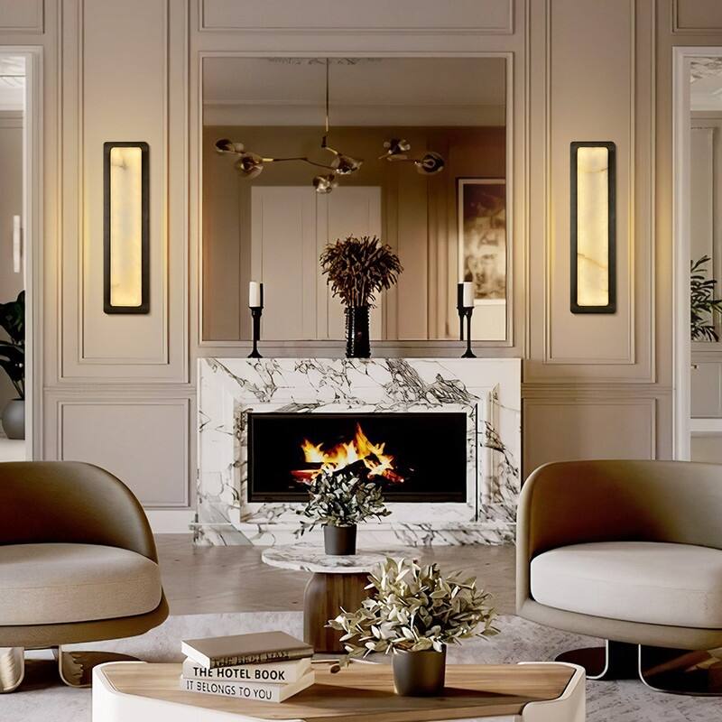 KAYLA 1-Light Gold LED Wall Sconce, Natural Alabaster Wall Sconce, Rectangular Bedside Wall Lighting (Set of 2)