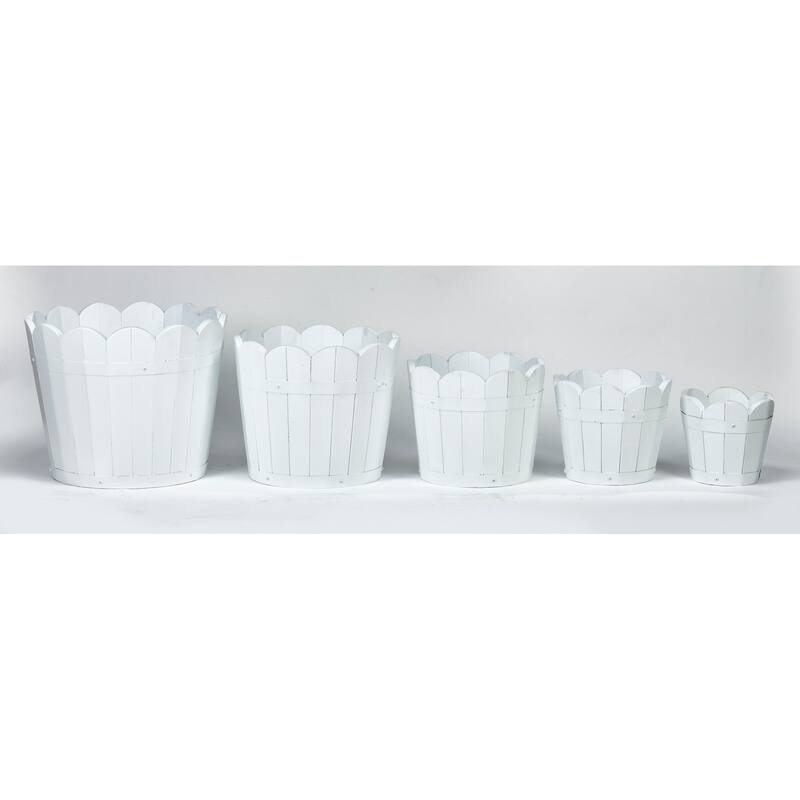 White Scallopped Acacia Wood Barrel Planters, Set of 5 - 12.5