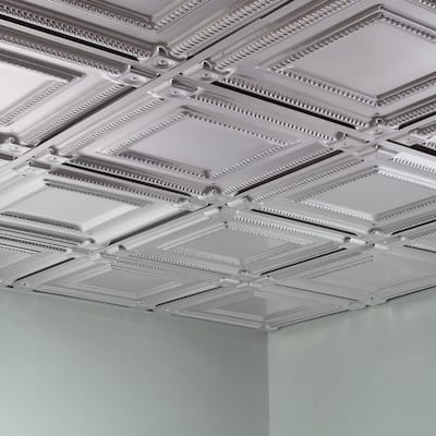 FASÄDE Coffer Decorative Vinyl 2ft x 2ft Lay in Ceiling Panel in Brushed Aluminum (5 Pack)