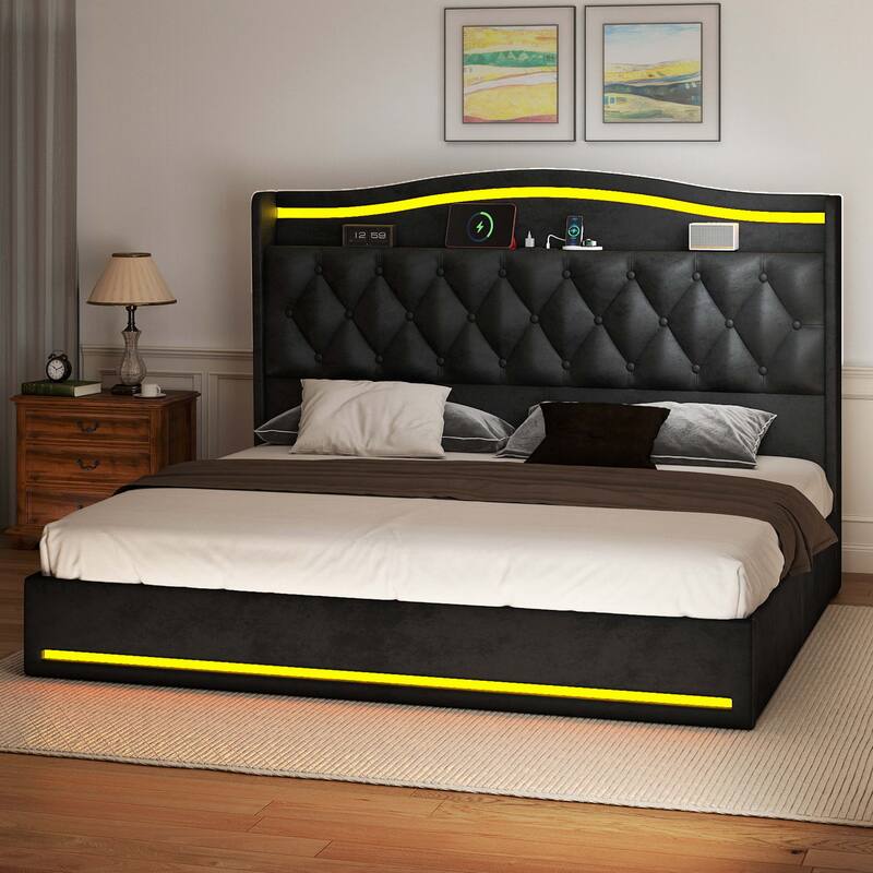 Moasis Queen Size Velvet Upholstered Bed Frame with 4 Storage Drawers & RGB Lights