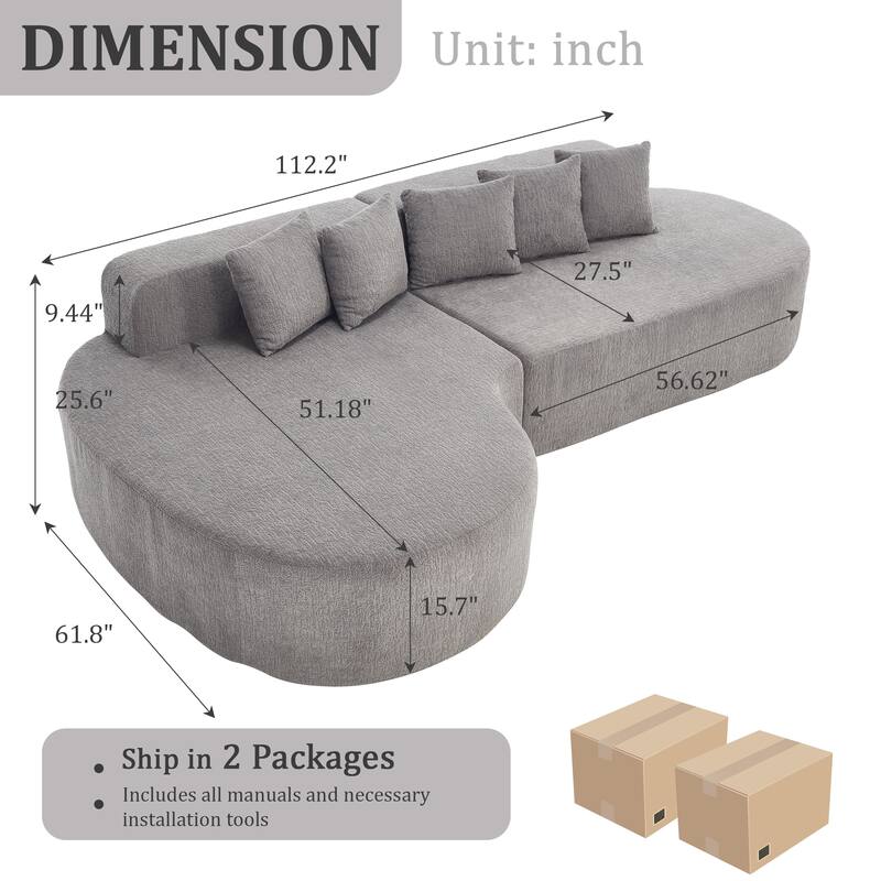 112.2" L-Shaped Boneless Sectional Sofa with Chaise, Chenille Upholstery, Memory Foam, No Assembly