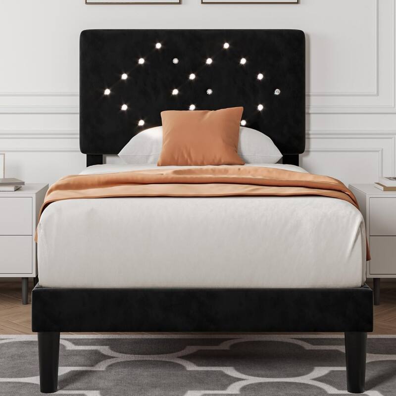 Velvet Upholstered Platform Bed Frame with Tufted Headboard - Twin - Black