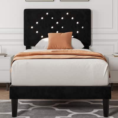 Velvet Upholstered Platform Bed Frame with Tufted Headboard