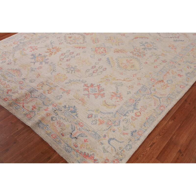 Hand Knotted Oriental 100% Wool Carpet Transitional All-Over Beige & Ivories Oushak Area Rug - 8' 9'' X 6' 0''