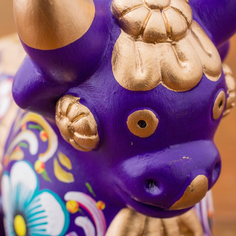 Handmade Ceramic Figurine, 'Purple Pucara Bull' (Peru)