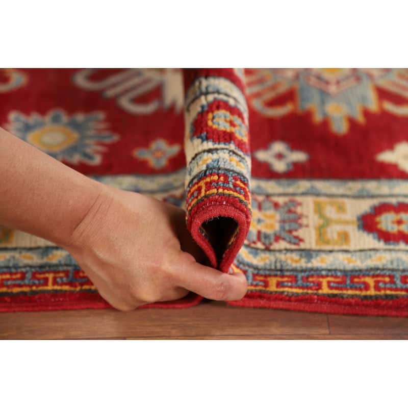Geometric Red Kazak Oriental Foyer Rug Hand-Knotted Wool Carpet - 2'7" x 4'1"