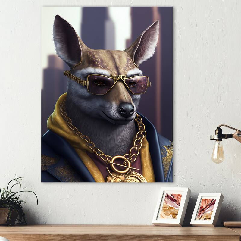 Designart 'Kangaroo Gangster In NYC ' Animals Kangaroo Gangster Mafia Metal Wall Art