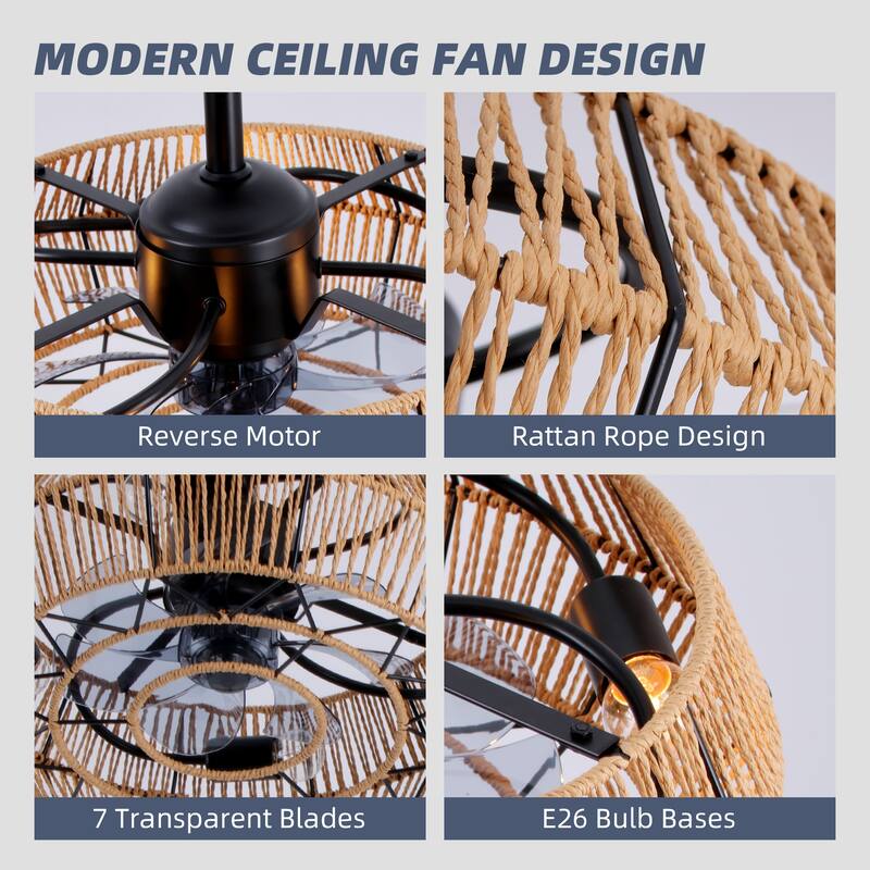19 in. Rattan Indoor Ceiling Fan with Lights, 6-Speed Remote Control and DC Motor for Small Bedroom