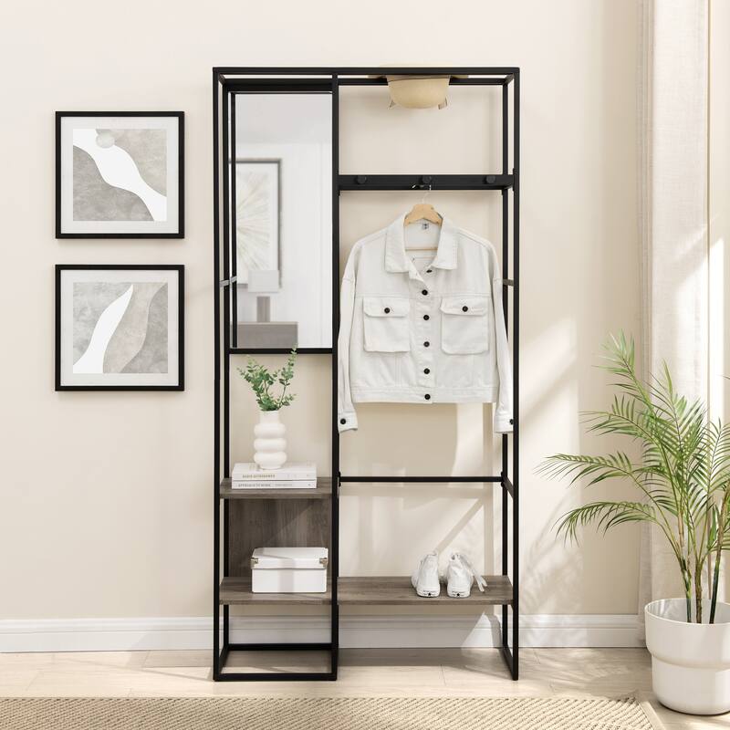 Modern Metal and Wood Hall Tree with Hanging Storage - Brown