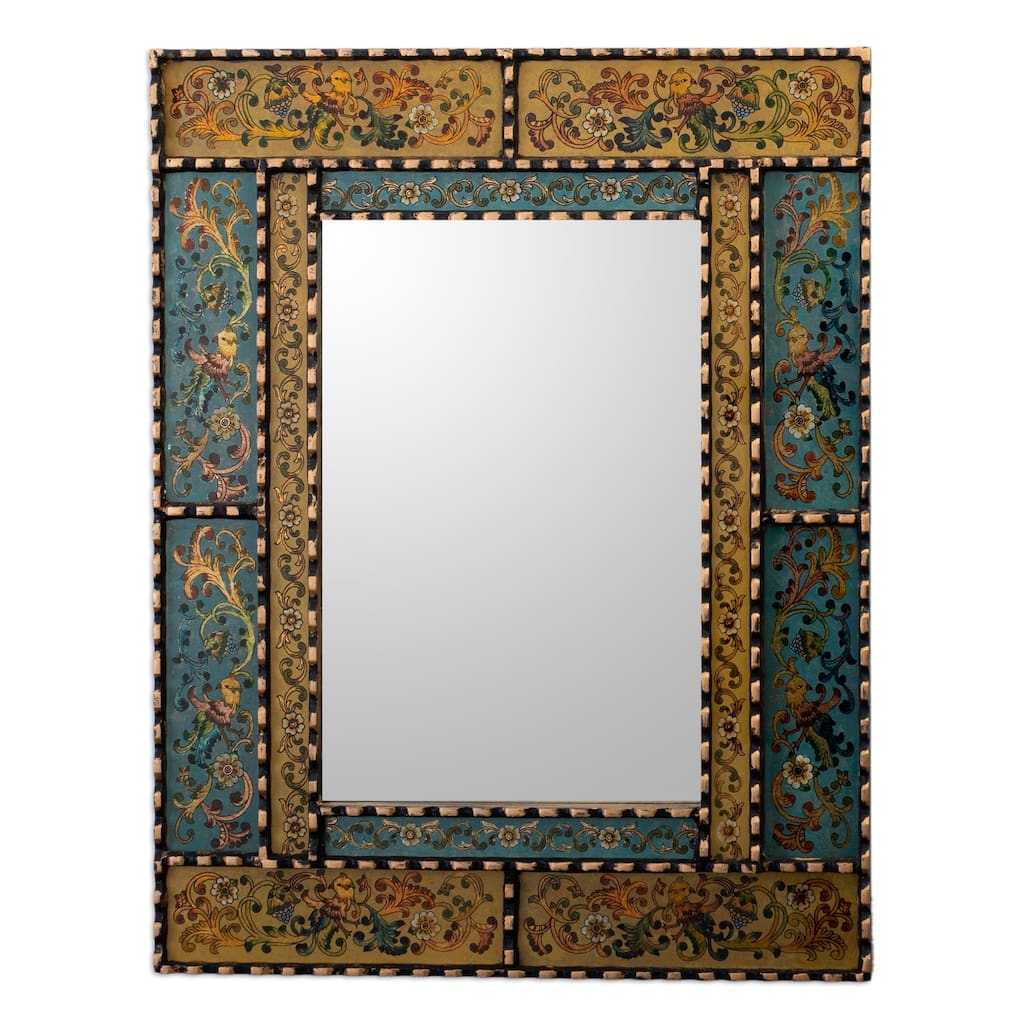Novica Handmade Golden Blue Elegance Reverse Painted Glass Wall Mirror
