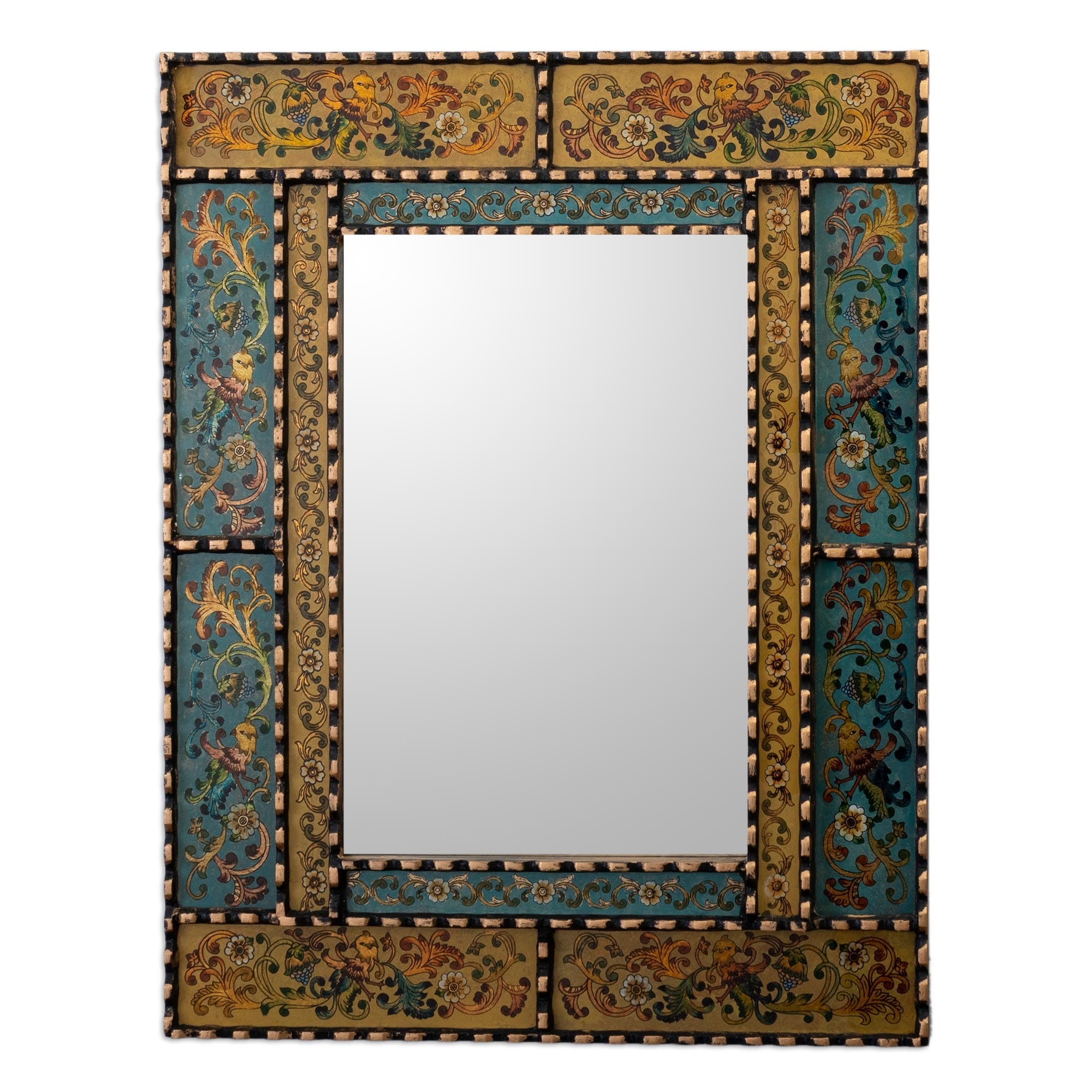 Novica Handmade Golden Blue Elegance Reverse Painted Glass Wall Mirror