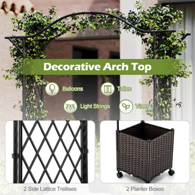 Costway 82”L x 99”H Garden Arch Trellis with 2 Self-watering Planter - See Details
