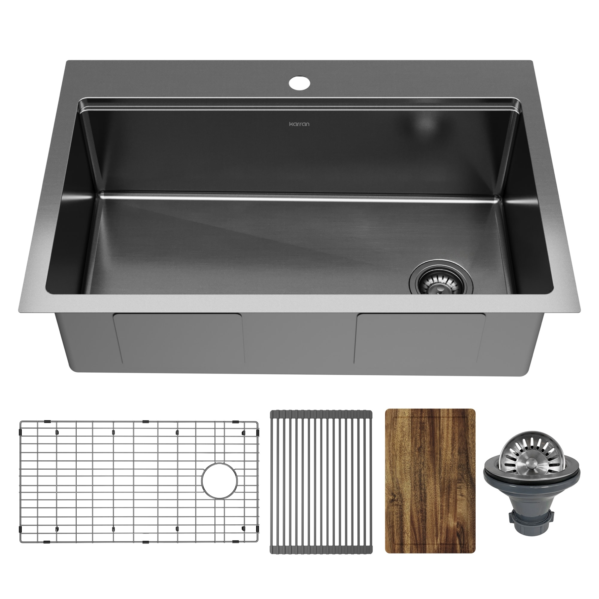 Karran Elite 33" Top Mount Workstation 16 Gauge Stainless Steel Single Bowl Kitchen Sink in Gunmetal Black - Gunmetal Black