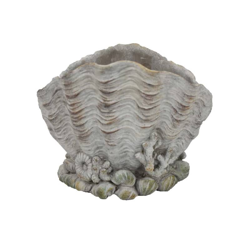 Coastal Clam Shell Planter w Coral Accents, Weathered Gray Terracotta